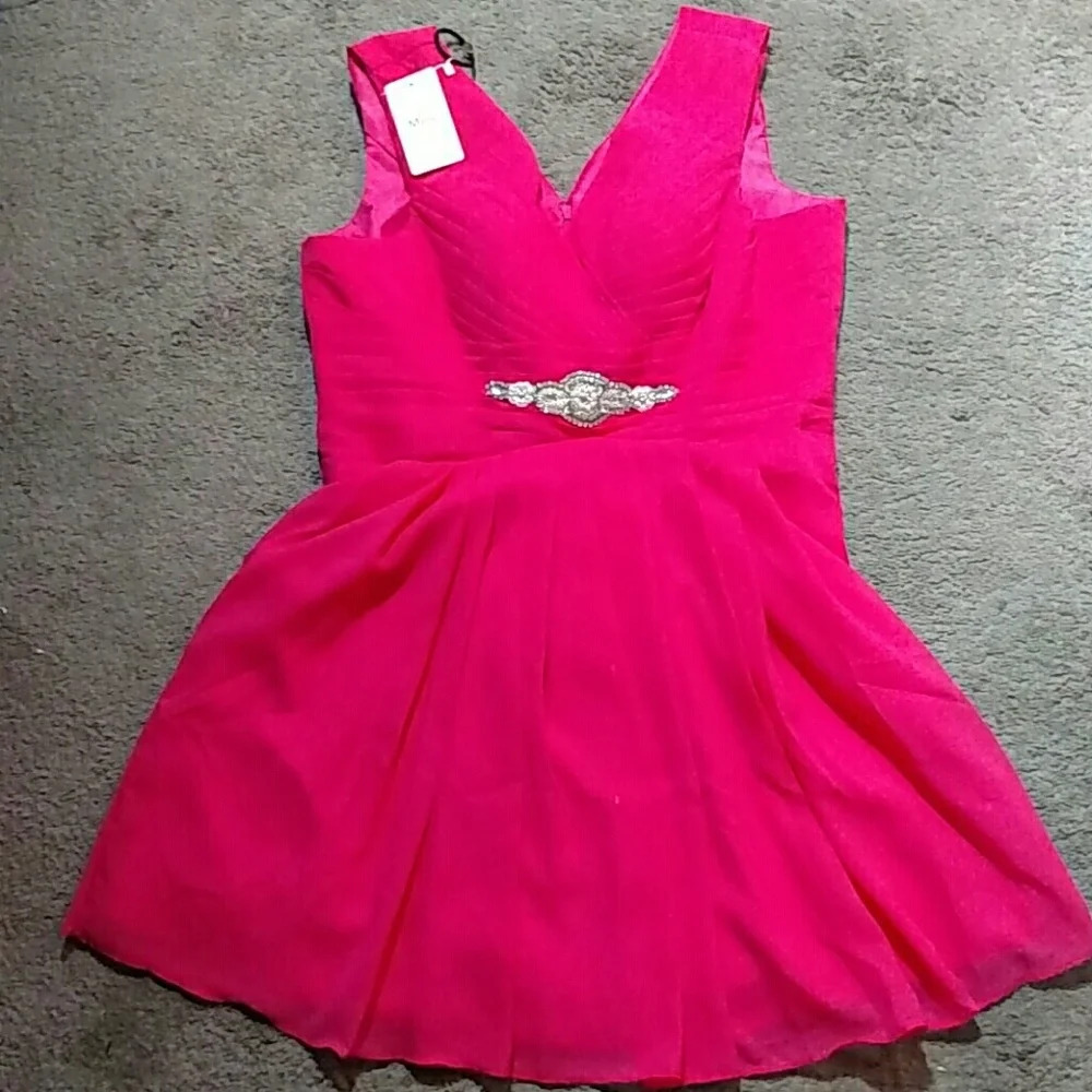 NWT Manfei Fusia Pink V-Neck Chiffon Dress - Picture 3 of 7